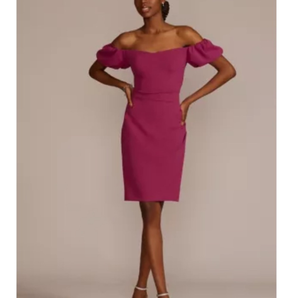 NWT David's Bridal Off-Shoulder Fuchsia Mini Dress